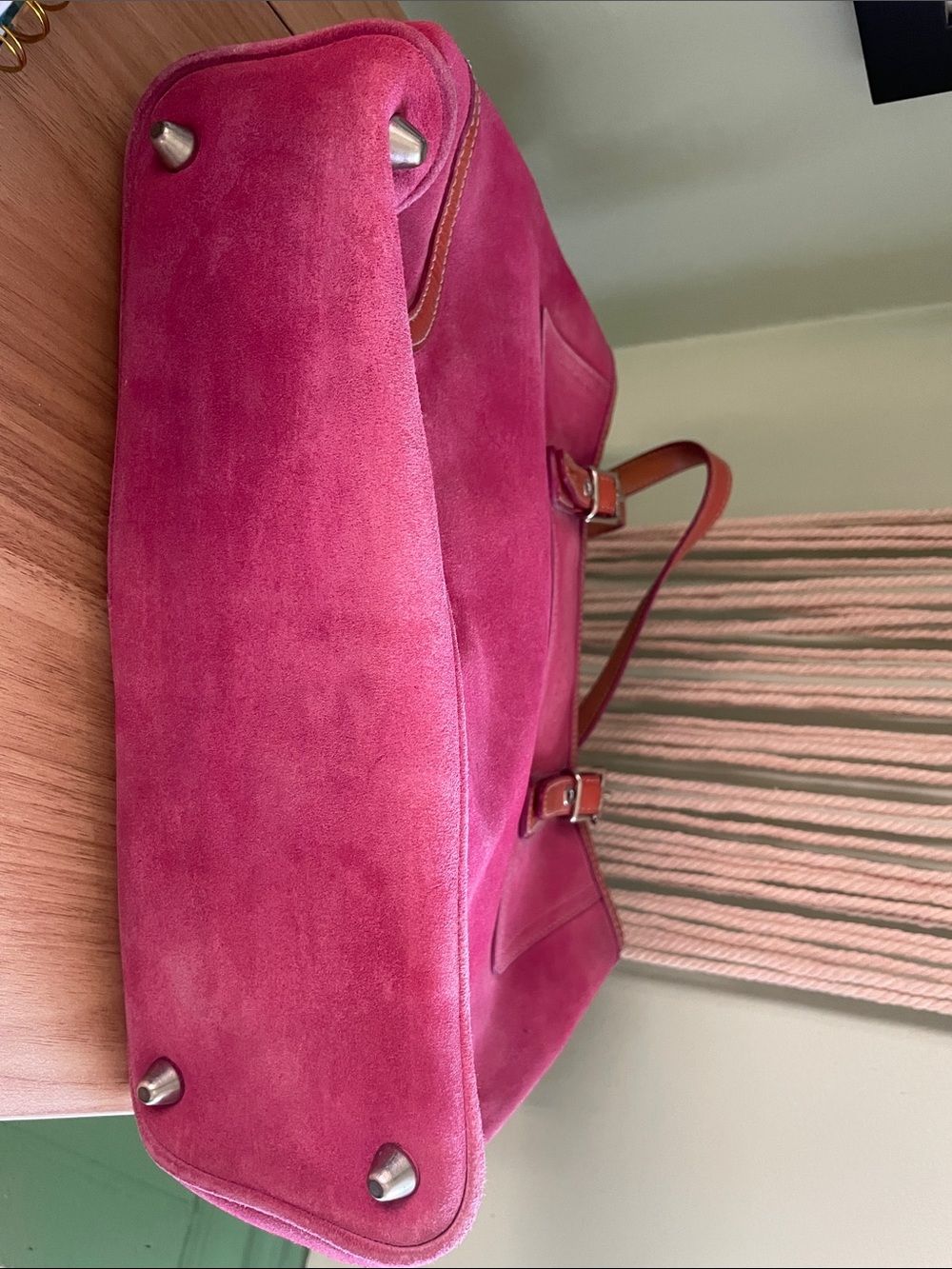 Vintage Coach Pink Suede Tote with Tan Leather Trim and Straps - Picture 7 of 12